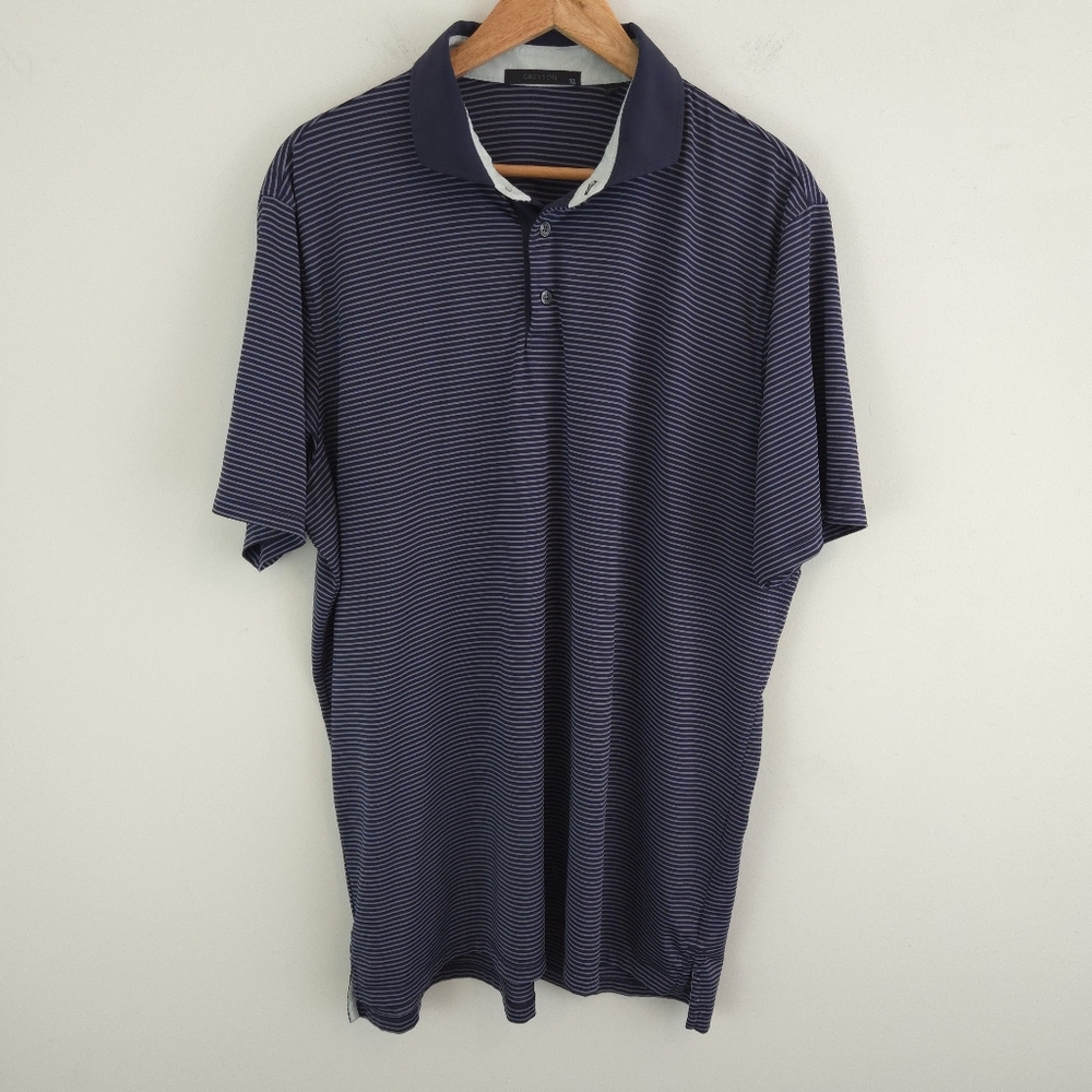 Greyson Men's Navy Striped Short Sleeve Performance Polo Shirt